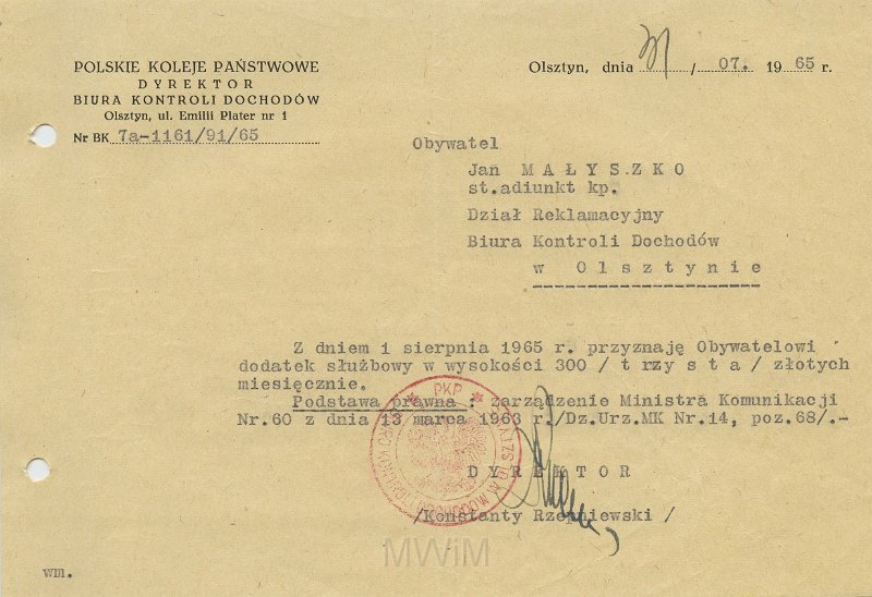 KKE 5623.jpg - Dok. Pismo z Polskich Kolei Państwowych w Olsztynie dla Jana Małyszko dotyczące dodatku służbowego, Olsztyn, 31 VII 1965 r.